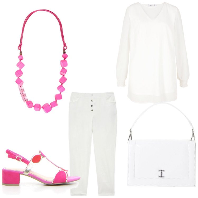 Outfit donna - Fucsia mood. Stile Chic per Ufficio. Abbinamento con tuniche, borse a tracolla, pantaloni, collane, sandali col tacco.