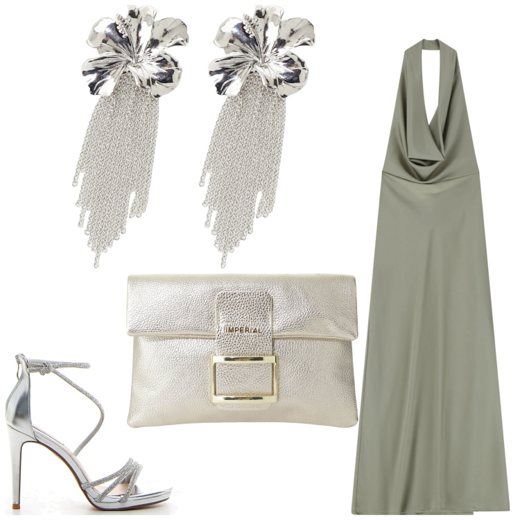 Outfit donna - Fiori d\'argento. Stile Chic per Serata fuori. Abbinamento con vestiti lunghi, pochette, orecchini, sandali col tacco.