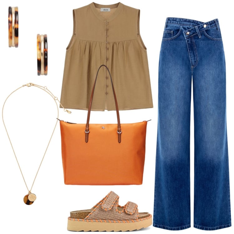 Outfit donna - Total look #2216879. Stile Casual per Tutti i giorni. Abbinamento con jeans, camicie, borse tote, orecchini, collane, sandali.