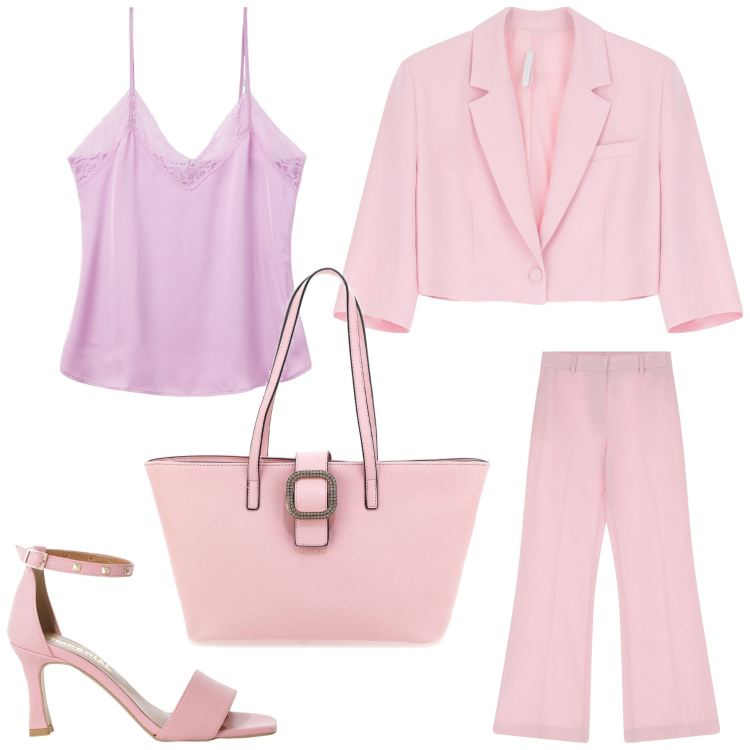 Outfit donna - Giornata in rosa. Stile Chic per Ufficio. Abbinamento con top, pantaloni, sandali col tacco, blazer, borse a spalla.