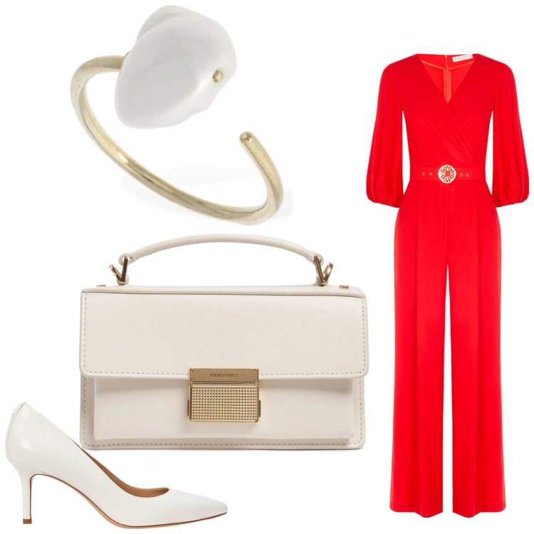 Outfit donna - Rosso e perle. Stile Chic per Serata fuori. Abbinamento con tute, décolleté, anelli, borse a mano.