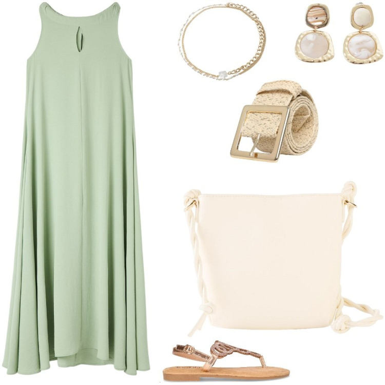 Outfit donna - Fluidità e comodità. Stile Casual chic per Tutti i giorni. Abbinamento con borse a tracolla, vestiti senza maniche, cinture, braccialetti, orecchini, sandali in pelle.