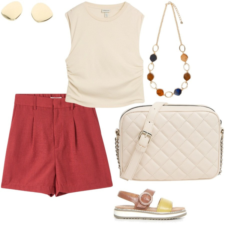 Outfit donna - I sandali bicolore. Stile Casual chic per Tutti i giorni. Abbinamento con top, bermuda, borse a tracolla, orecchini, collane, sandali.