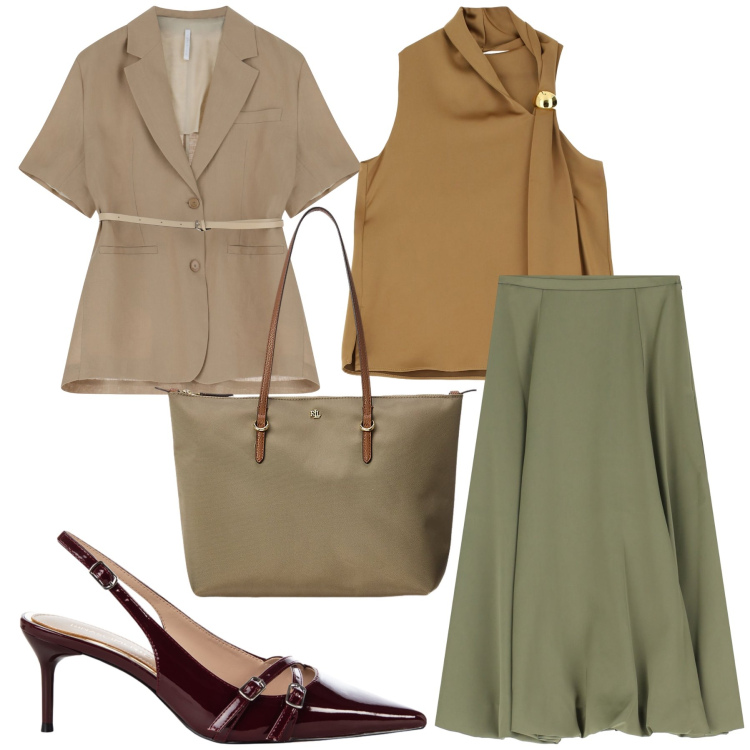 Outfit donna - Ancora al lavoro. Stile Urban per Ufficio. Abbinamento con décolleté, blazer, top, gonne longuette, borse tote.
