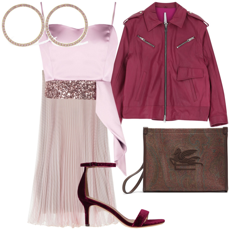 Outfit donna - Festa chic in montagna. Stile Glamour per Serata fuori. Abbinamento con top, gonne, giacche, sandali in pelle, orecchini, clutch.