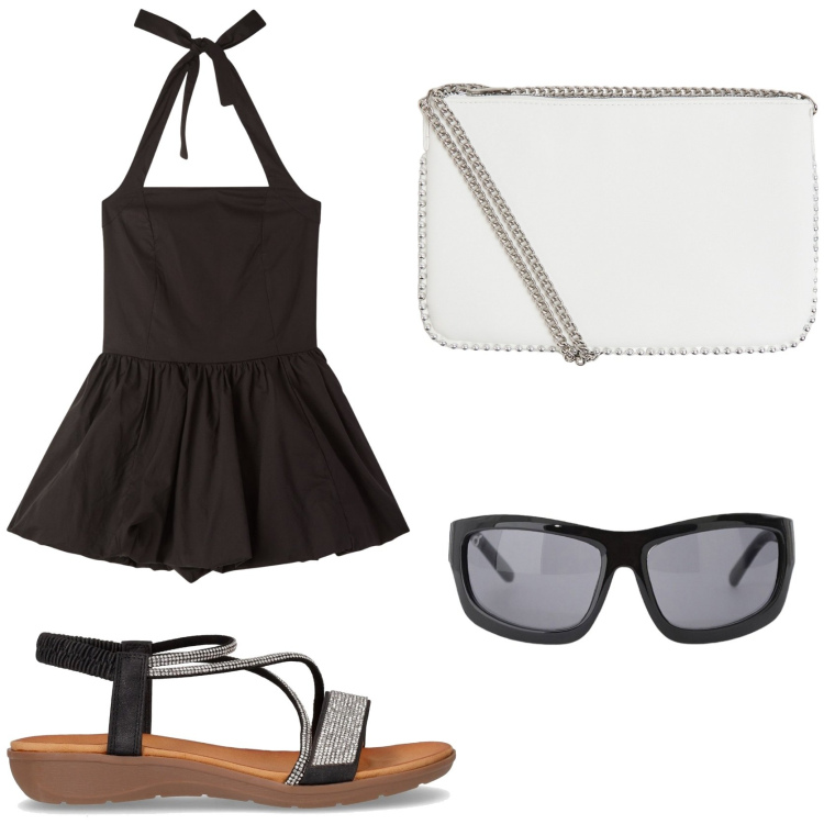Outfit donna - Abitino stile vacanziero. Stile Sexy per Serata fuori. Abbinamento con vestiti corti, borse a tracolla, occhiali da sole, sandali in pelle.