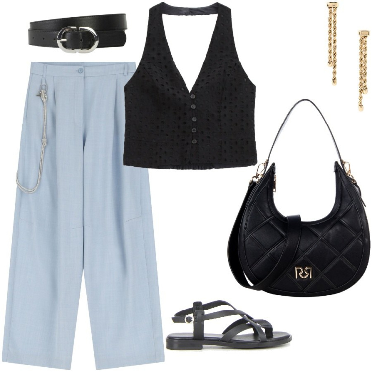 Outfit donna - Sandali incrociati. Stile Casual chic per Serata fuori. Abbinamento con cinture, borse a tracolla, pantaloni, top, orecchini, sandali.