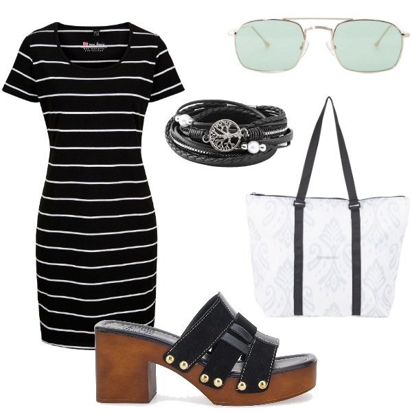 Outfit donna - E siamo in Agosto....... Stile Casual per Tutti i giorni. Abbinamento con braccialetti, vestiti, occhiali da sole, shopping bag, zoccoli.
