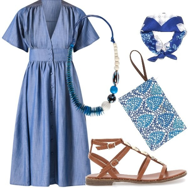 Outfit donna - Estate. Stile Casual chic per Serata fuori. Abbinamento con vestiti chemisier, pochette, sandali, foulard, collane.