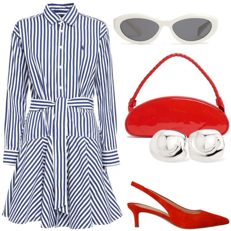 Outfit donna - Dettagli rossi. Stile Casual chic per Tutti i giorni. Abbinamento con décolleté, vestiti, borse a spalla, orecchini, occhiali da sole.