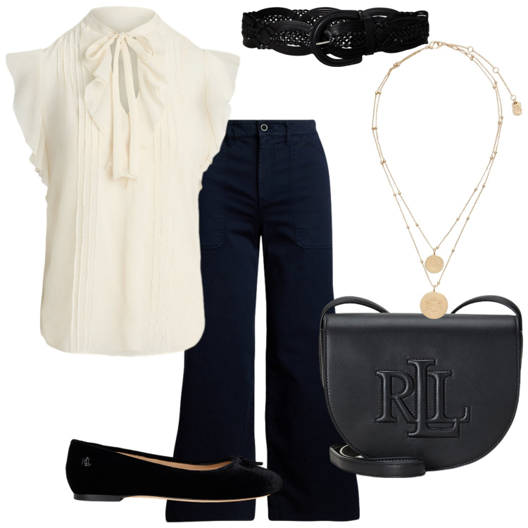 Outfit donna - Lauren 8. Stile Bon Ton per Tutti i giorni. Abbinamento con camicie a manica corta, pantaloni, ballerine, ciondoli, borse a tracolla, cinture.
