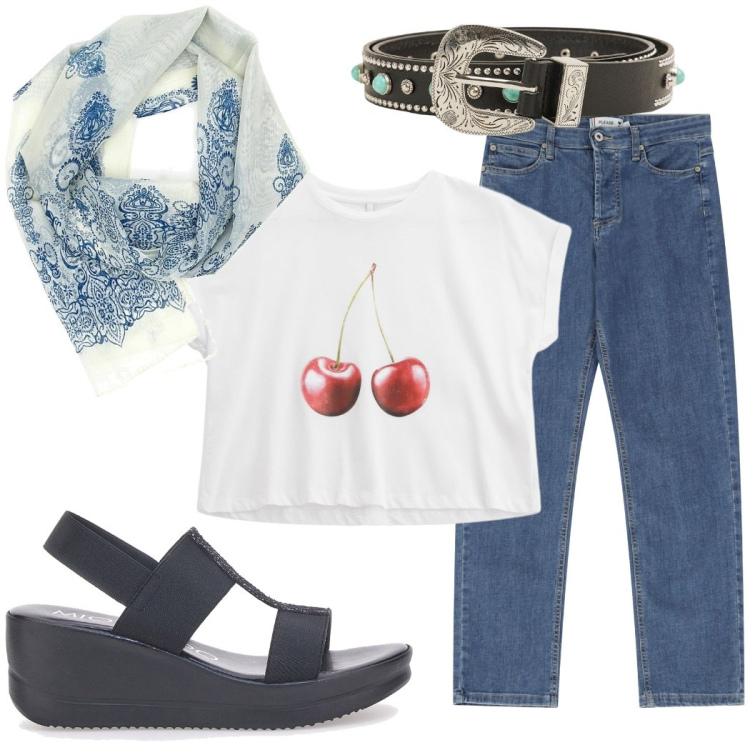 Outfit donna - Total look #2216944. Stile Casual per Tutti i giorni. Abbinamento con cinture, jeans dritti, t-shirt, foulard, sandali.