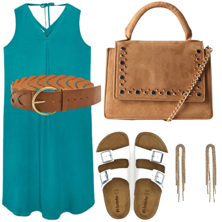 Outfit donna - Verde rilassante. Stile Casual per Tutti i giorni. Abbinamento con borse a tracolla, cinture, orecchini, ciabatte, vestiti midi/longuette.