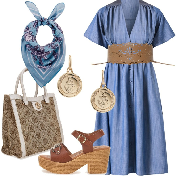 Outfit donna - Casual chic in città. Stile Casual chic per Tutti i giorni. Abbinamento con foulard, cinture, vestiti chemisier, orecchini, sandali col tacco, borse a spalla.