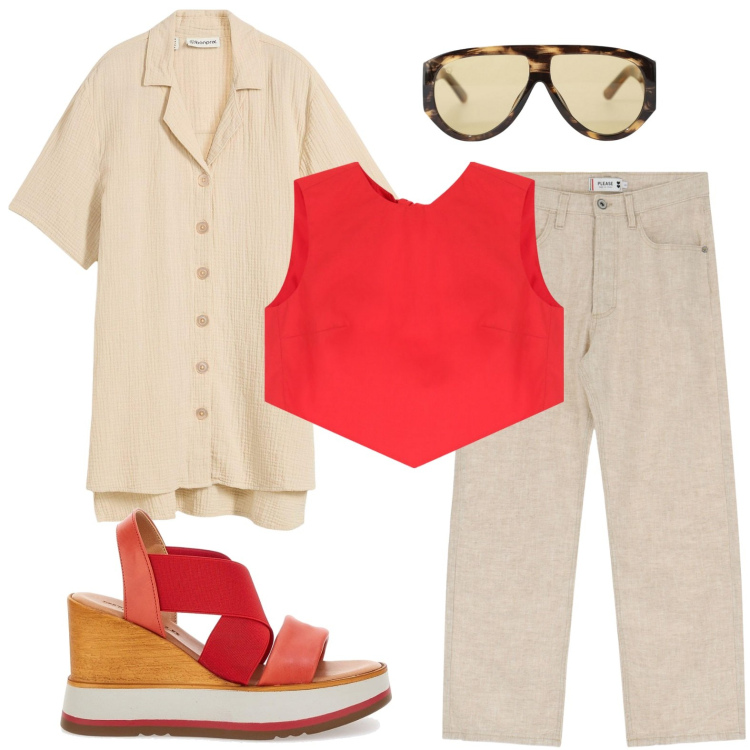 Outfit donna - Top rosso acceso. Stile Casual per Ufficio. Abbinamento con camicie a manica corta, pantaloni, occhiali da sole, top, sandali.
