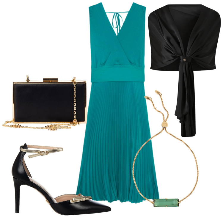Outfit donna - Al battesimo. Stile Glamour per Serata fuori. Abbinamento con scialli, décolleté, pochette, braccialetti, vestiti lunghi.