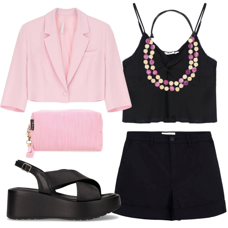 Outfit donna - Party night. Stile Minimal per Mare. Abbinamento con pantaloni corti, top, blazer, collane, sandali, valigie.