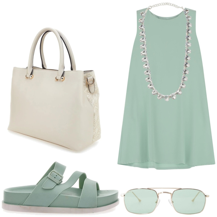 Outfit donna - Sfumature acquamarina. Stile Bon Ton per Tutti i giorni. Abbinamento con collane, occhiali da sole, vestiti corti, ciabatte, borse a tracolla.