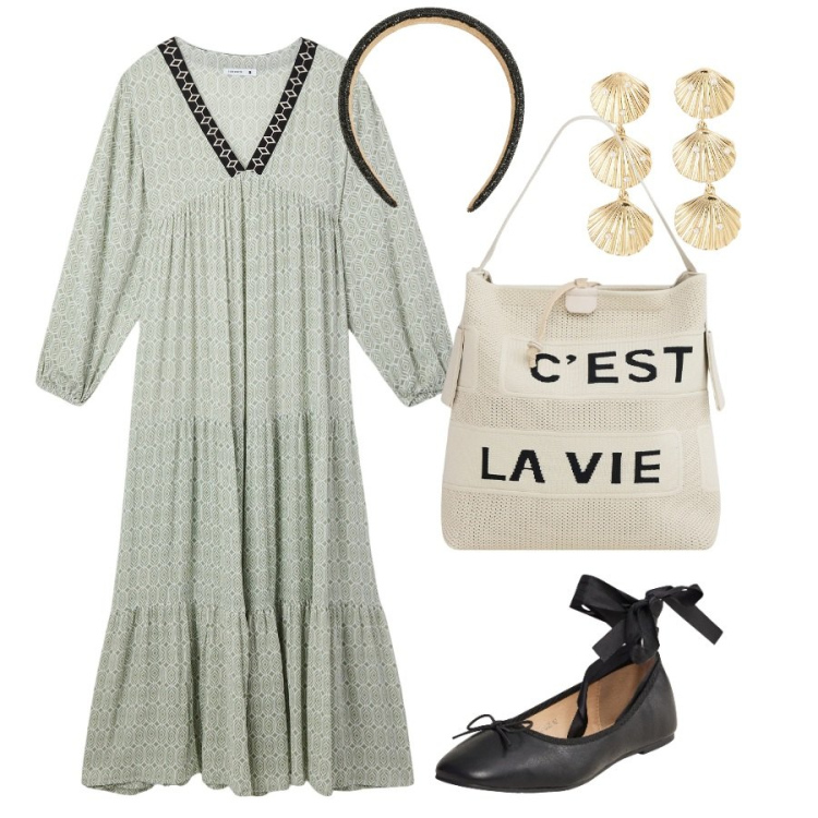 Outfit donna - Vacanze in Riviera. Stile Casual per Tutti i giorni. Abbinamento con vestiti lunghi, orecchini, ballerine, cerchietti, borse a mano.