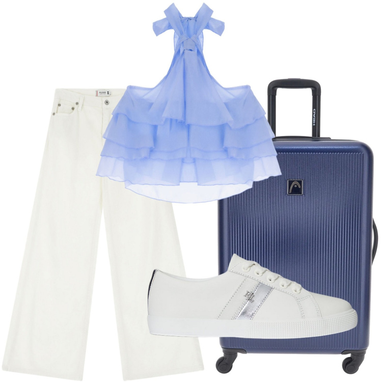 Outfit donna - Destinazione mare. Stile Minimal per Tutti i giorni. Abbinamento con pantaloni, top, sneakers, valigie.