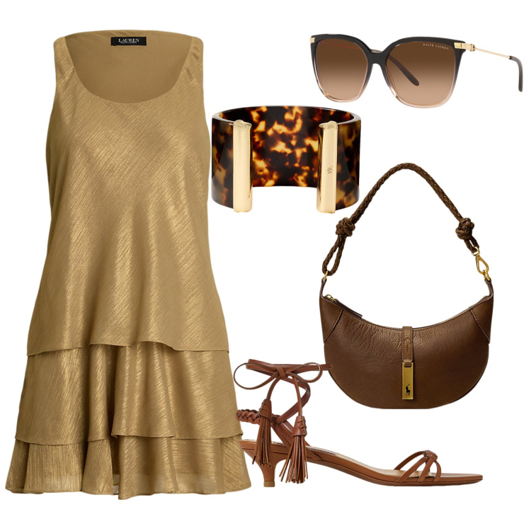 Outfit donna - Bellissima stasera. Stile Glamour per Serata fuori. Abbinamento con vestiti senza maniche, occhiali da sole, sandali col tacco, borse a spalla, braccialetti.