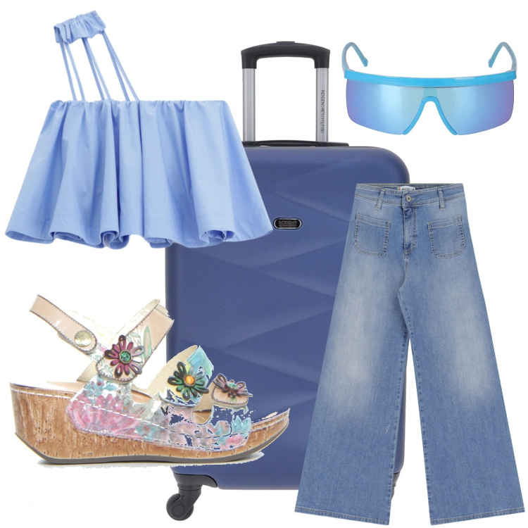 Outfit donna - Verso il mare. Stile Casual per Tutti i giorni. Abbinamento con jeans, top, valigie, sandali, occhiali da sole.