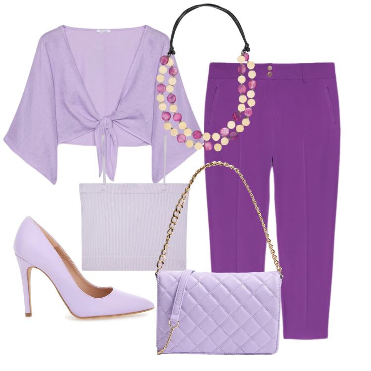 Outfit donna - Lilla e viola. Stile Romantica per Tutti i giorni. Abbinamento con canottiere, borse a tracolla, décolleté, bolero, pantaloni chino, collane.