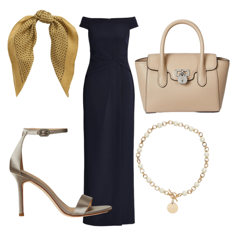 Outfit donna - Speciale evento. Stile Chic per Serata fuori. Abbinamento con collane, borse a mano, foulard, sandali col tacco, vestiti lunghi.
