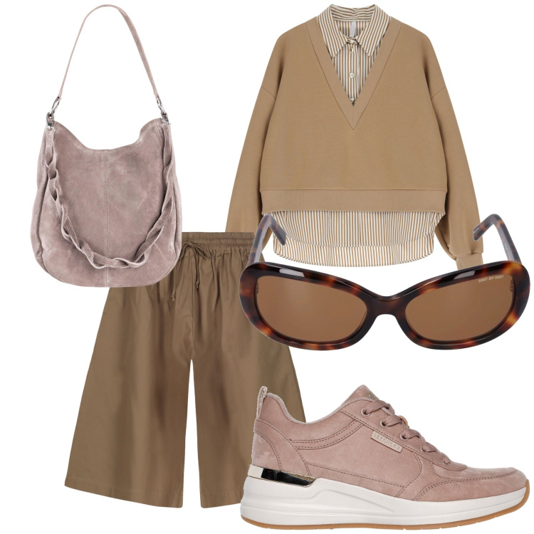 Outfit donna - Cioccolata calda in montagna. Stile Sporty chic per Tutti i giorni. Abbinamento con borse a mano, felpe, bermuda, sneakers, occhiali da sole.
