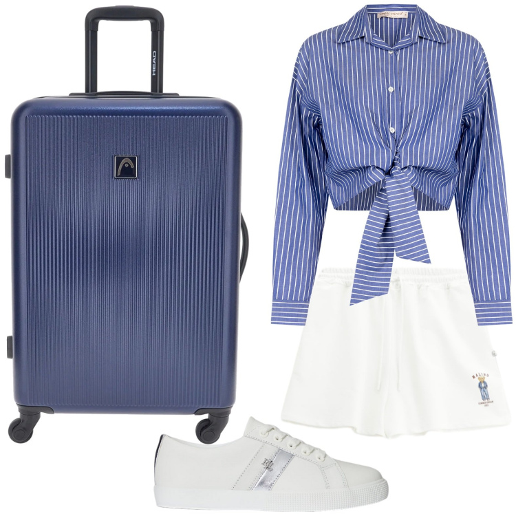 Outfit donna - Crociera time. Stile Glamour per Mare. Abbinamento con camicie, shorts, sneakers, valigie.