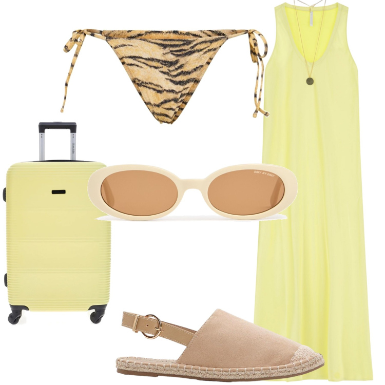 Outfit donna - Granita al limone verso il mare. Stile Trendy per Mare. Abbinamento con espadrillas, vestiti lunghi, valigie, occhiali da sole, bikini.