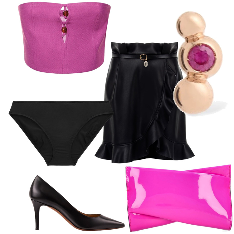 Outfit donna - Serata tra amici. Stile Glamour per Serata fuori. Abbinamento con minigonne, culotte, décolleté, pochette, orecchini, top.