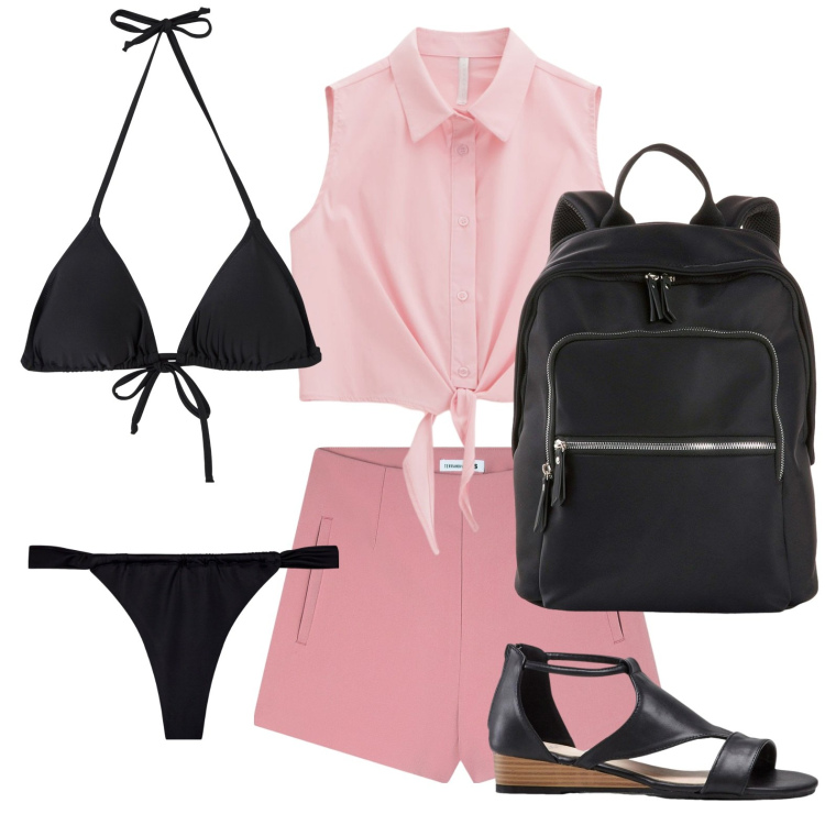 Outfit donna - On the beach. Stile Bon Ton per Mare. Abbinamento con sandali, zaini, shorts, bikini, bikini, camicie.