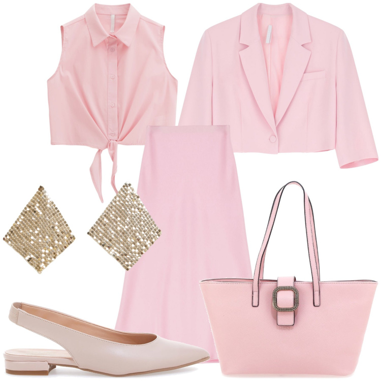 Outfit donna - Quote rosa. Stile Bon Ton per Ufficio. Abbinamento con orecchini, camicie, blazer, gonne longuette, ballerine, borse a spalla.