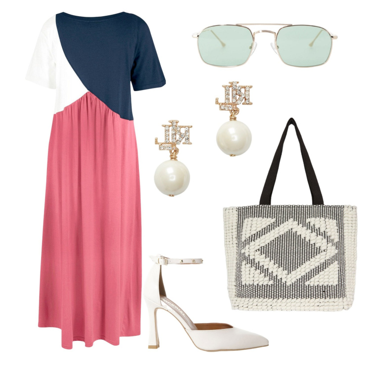 Outfit donna - Total look #2217016. Stile Casual per Tutti i giorni. Abbinamento con vestiti, occhiali da sole, décolleté, orecchini, shopping bag.