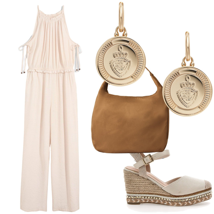 Outfit donna - Una tuta per la città. Stile Trendy per Tutti i giorni. Abbinamento con tute, borse a mano, orecchini, zeppe.