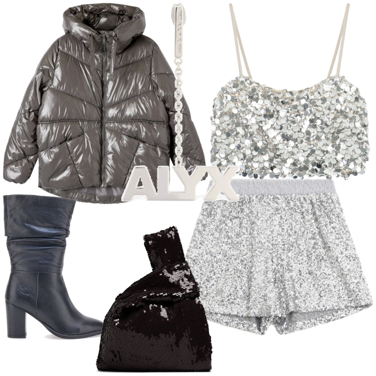 Outfit donna - Discoteca ad alta quota. Stile Glamour per Serata fuori. Abbinamento con bomber, top, shorts, stivali, orecchini, pochette.