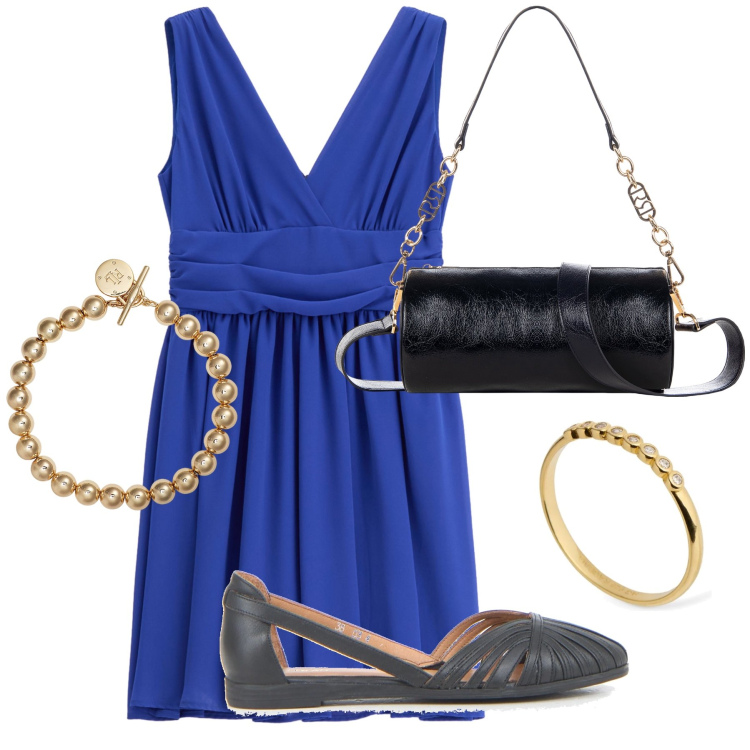 Outfit donna - Blu elettrico per la cena. Stile Chic per Serata fuori. Abbinamento con borse a mano, vestiti corti, braccialetti, anelli, ballerine.
