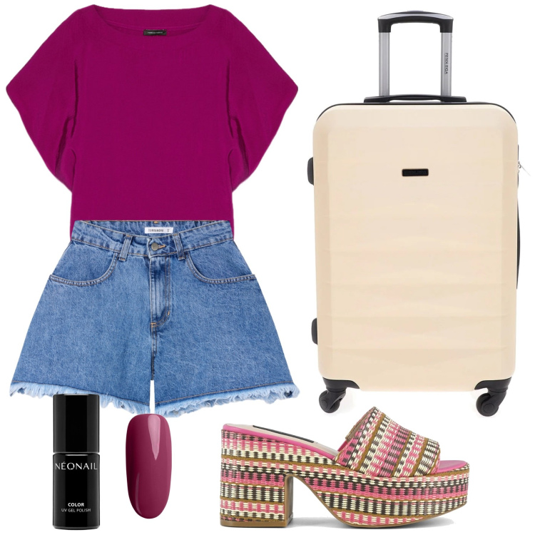 Outfit donna - Partenza!. Stile Casual per Tutti i giorni. Abbinamento con smalti, shorts, valigie, bluse, zeppe.