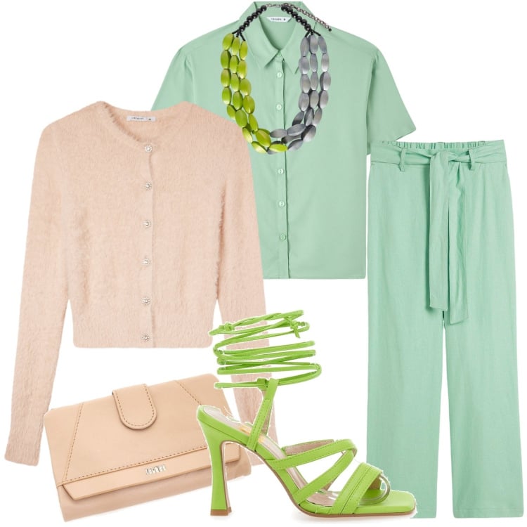 Outfit donna - Sofisticata. Stile Glamour per Serata fuori. Abbinamento con pantaloni, camicie a manica corta, cardigans, collane, sandali col tacco, portafogli.
