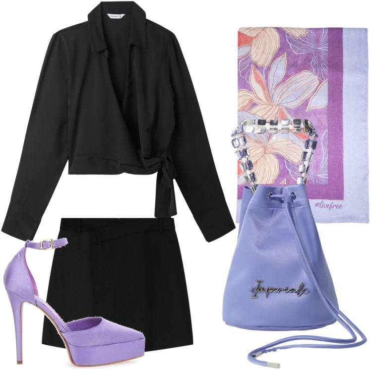 Outfit donna - Accessori lilla. Stile Urban per Serata fuori. Abbinamento con camicie, minigonne, borse a secchiello, décolleté, stole.