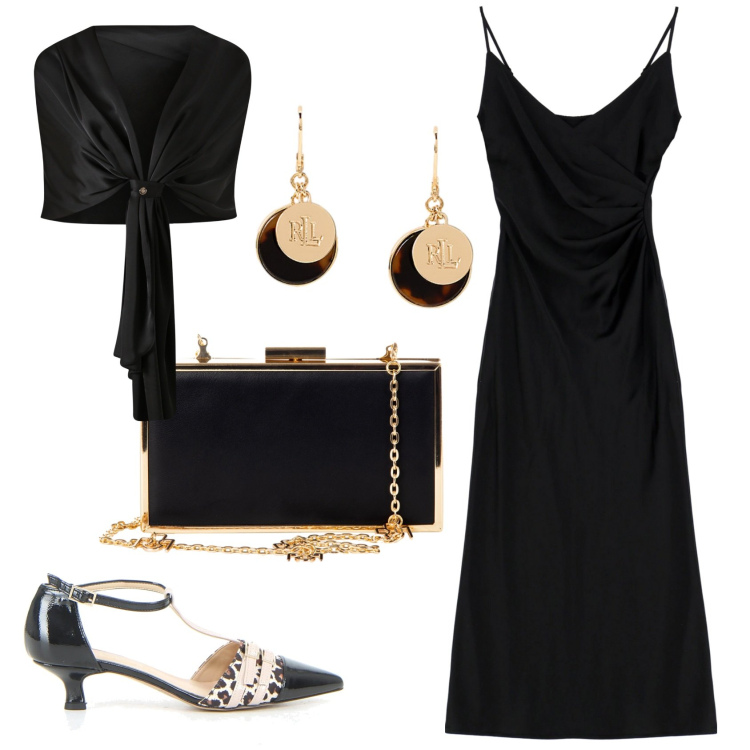 Outfit donna - Total look #2217088. Stile Glamour per Serata fuori. Abbinamento con scialli, pochette, vestiti midi/longuette, orecchini, sandali col tacco.
