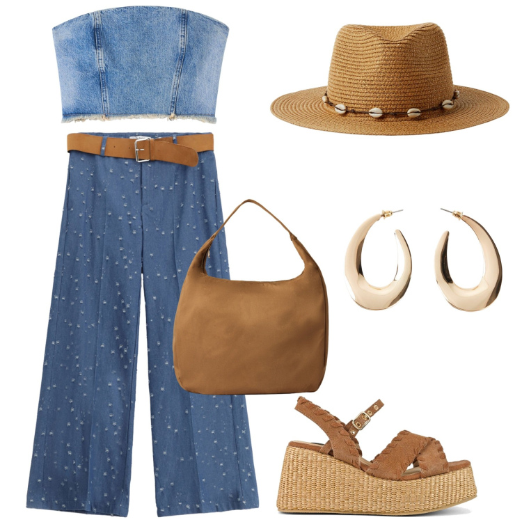 Outfit donna - Country. Stile Trendy per Tutti i giorni. Abbinamento con orecchini, borse a mano, top, cappelli, pantaloni, zeppe.