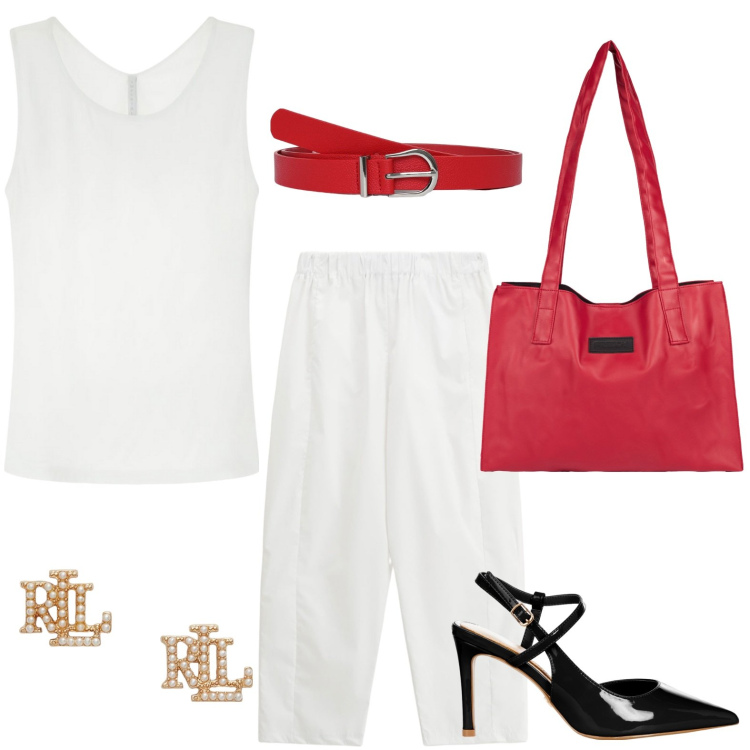 Outfit donna - Bianco urban. Stile Glamour per Serata fuori. Abbinamento con cinture, décolleté, canottiere, pantaloni, shopping bag, orecchini.