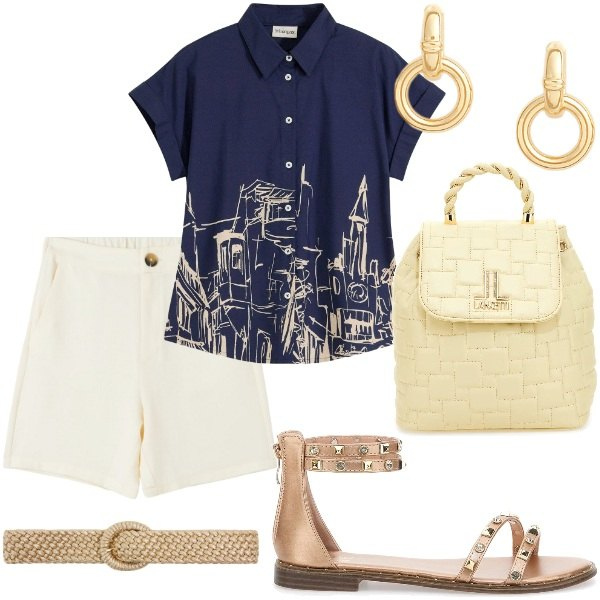 Outfit donna - Serate estive tra amici. Stile Casual chic per Tutti i giorni. Abbinamento con camicie a manica corta, bermuda, cinture, orecchini, zaini, sandali.