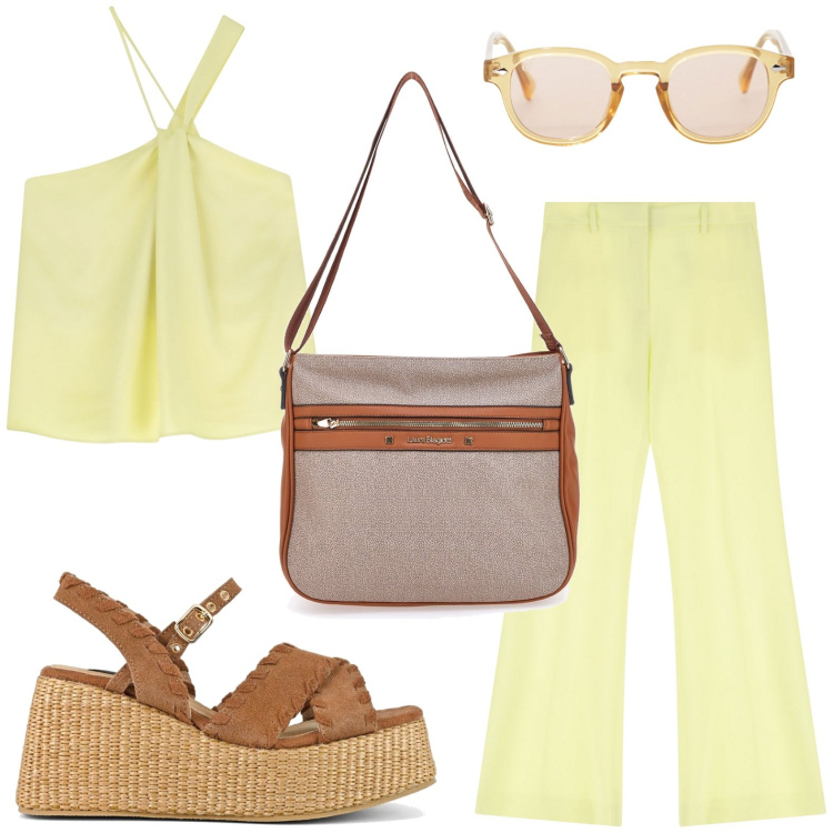 Outfit donna - Colori solari. Stile Urban per Tutti i giorni. Abbinamento con top, pantaloni, occhiali da sole, zeppe, borse a tracolla.