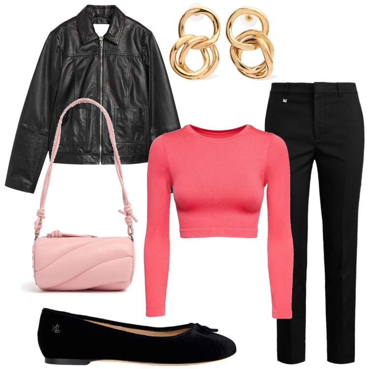 Outfit donna - Serata con ballerine. Stile Rock per Serata fuori. Abbinamento con giacche, pantaloni, ballerine, orecchini, top, borse a spalla.