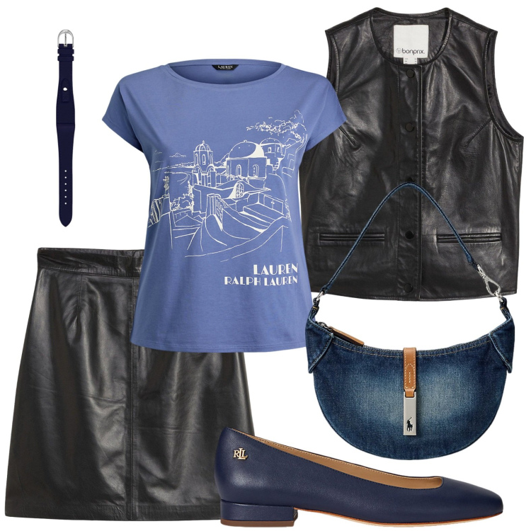 Outfit donna - Skin black. Stile Rock per Serata fuori. Abbinamento con gilet, minigonne, borse a spalla, ballerine, t-shirt, orologi.