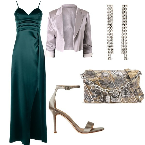 Outfit donna - Matrimonio di sera. Stile Glamour per Cerimonia. Abbinamento con vestiti lunghi, blazer, sandali col tacco, orecchini, pochette.