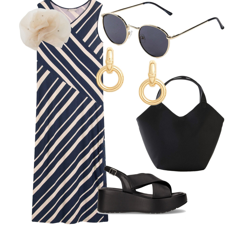 Outfit donna - Aperitivo. per Serata fuori. Abbinamento con vestiti lunghi, occhiali da sole, borse a mano, foulard, orecchini, sandali.